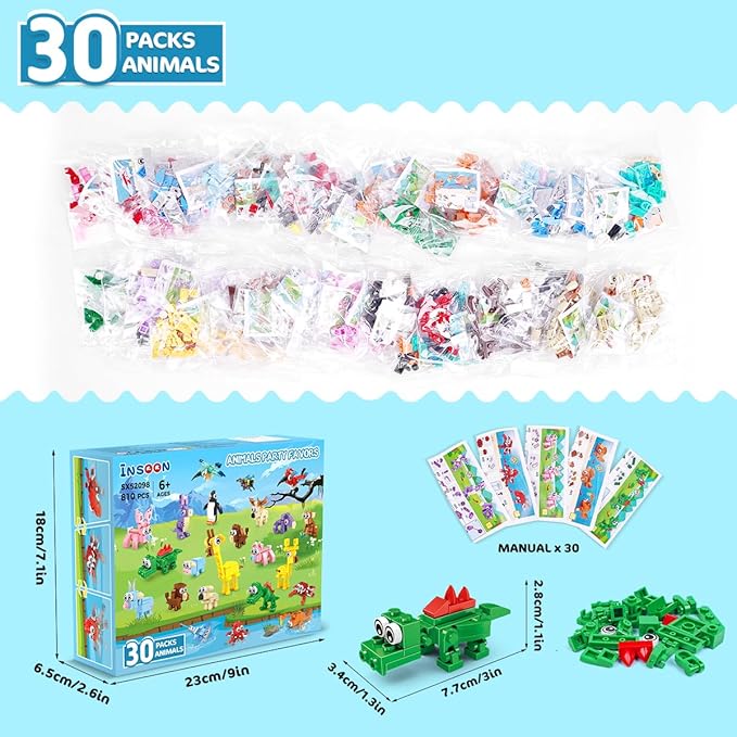 30 Packs Animal Party Favors for Kids, 810 PCS Mini Animal Building Block Toy Set for Goodie Bag Fillers Classroom Prizes Easter Birthday Children's Day for Boys Girls Student Ages 6+