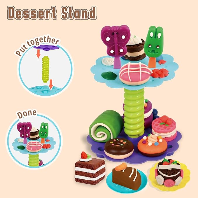 4 in 1 Dough Sets 75 PCS for Kids Ages 4-8, Dough Tools Kit with Ice Cream Noodle Hamburger Maker Machine, Dessert Rack, Kitchen Creations Art Crafts Food Play Toys for Boys Girls Ages 3+