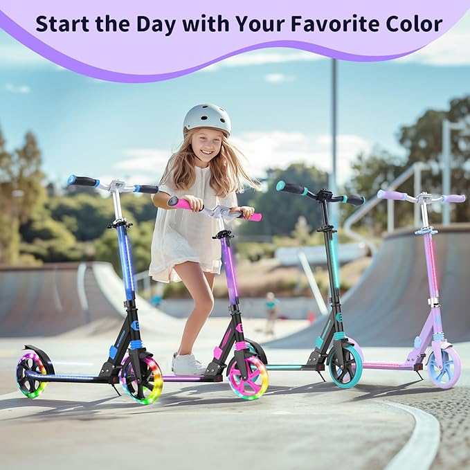BELEEV V8 Scooters for Kids Ages 6+ with Light-Up Deck, 2 Wheel Folding Scooter for Adults Teens, 4 Adjustable Height, Lightweight Sport Commuter Scooter, Sturdy Frame, Max Load 220 lbs