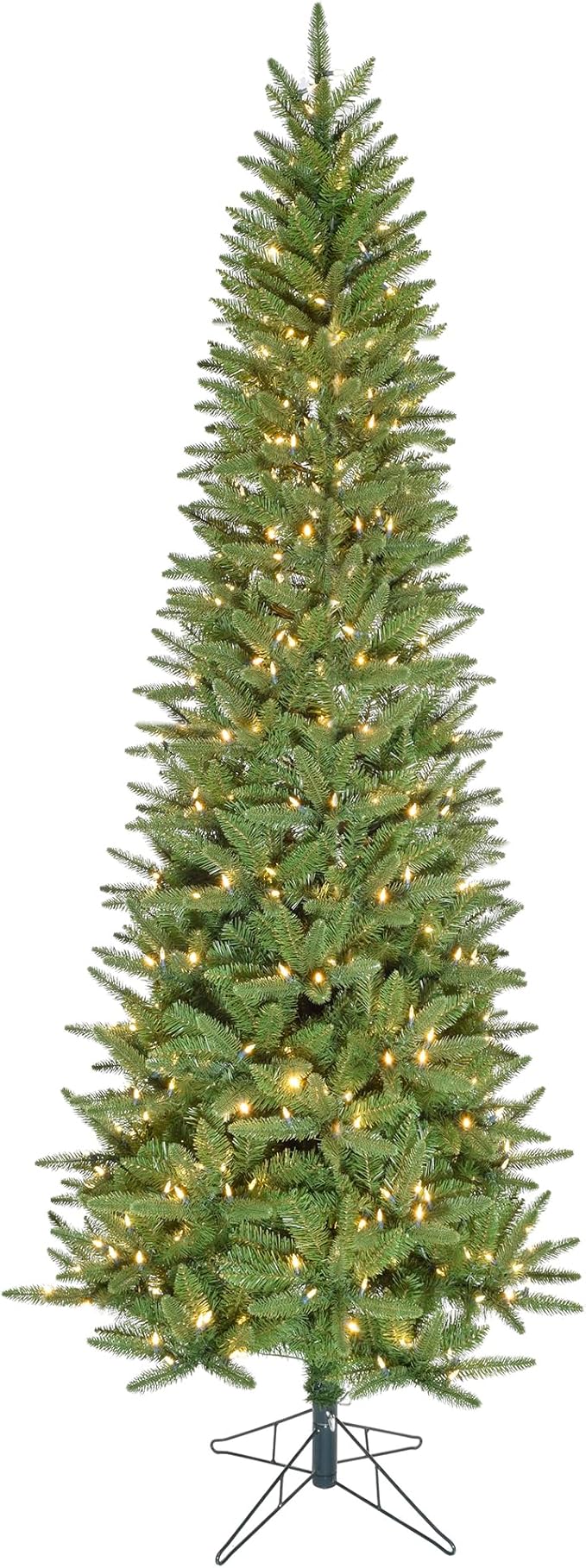 Fraser Hill Farm 7.5-Ft. Winter Falls Artificial Christmas Tree with Warm White LED Lights and Metal Base, Slim Holiday Tree with 8 Unique Light Functions, Perfect for Small Spaces and Apartments