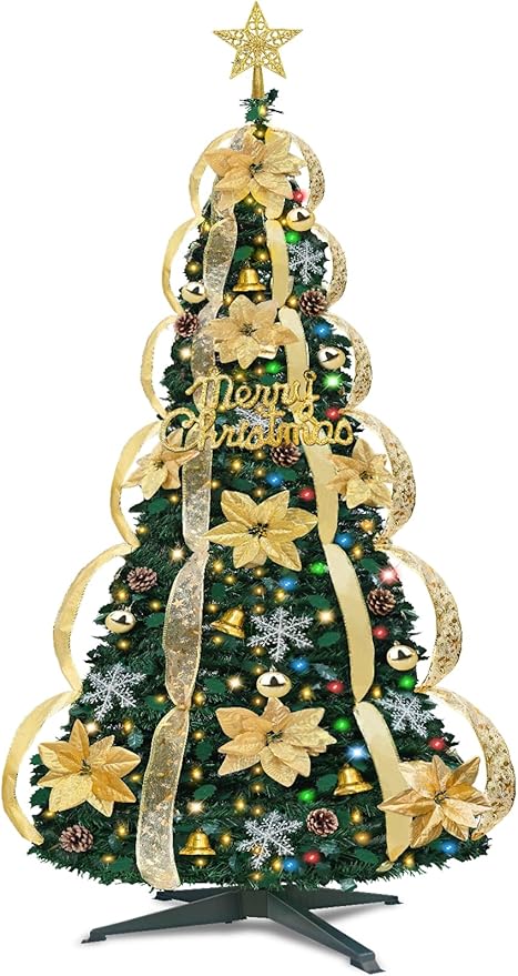 6.5Ft Prelit Fully Decorated Pop Up Christmas Tree with Lights Timer, Dual Color Change 1 Minute Christmas Tree, 220 Warm White&Colored Lights 8 Mode, 74 Ornaments Pull Up Collapsible Xmas Tree Decor