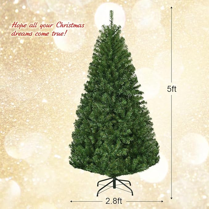 COSTWAY 5 FT Pre-lit Christmas Tree, Artificial Xmas Tree with 150 Warm White & Multicolored Lights, 11 Modes, 600 Branch Tips, Metal Support, Holiday Decoration Fake Tree for Home, Office, Party