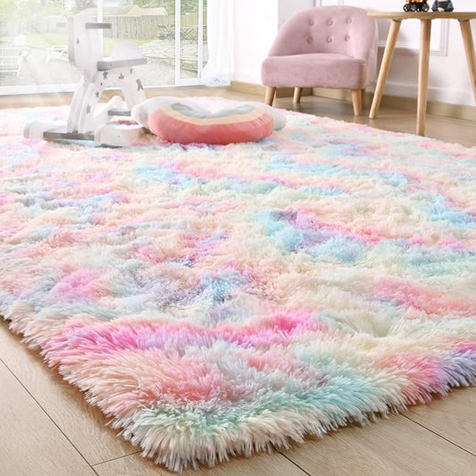 Ompaa Soft Fluffy Rainbow Kids Rug for Girls Bedroom Carpets, 6x9 Feet, Pastel Unicorn Room Decor, Kawaii Tie Dye Rugs for Teens Dorm Aesthetic, Shaggy Nursery Area Rug for Baby Toddler Princess Room