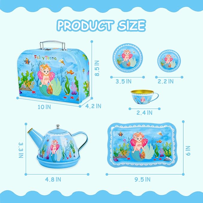 Mermaid Tea Party Set for Little Girls Ages 3-6, 15-Piece Pretend Play Kitchen Toys with Teapot, Cups, Plates & Storage Case, Princess Gift Set (Blue)