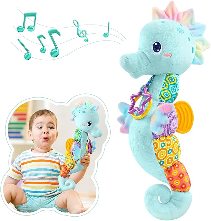 Baby Toys 0 to 12 Months, Musical Stuffed Animal Activity Soft Toys with Multi-Sensory Crinkle, Rattle and Textures, Infant Tummy Time Toys for Newborn Boys, Seahorse, Blue