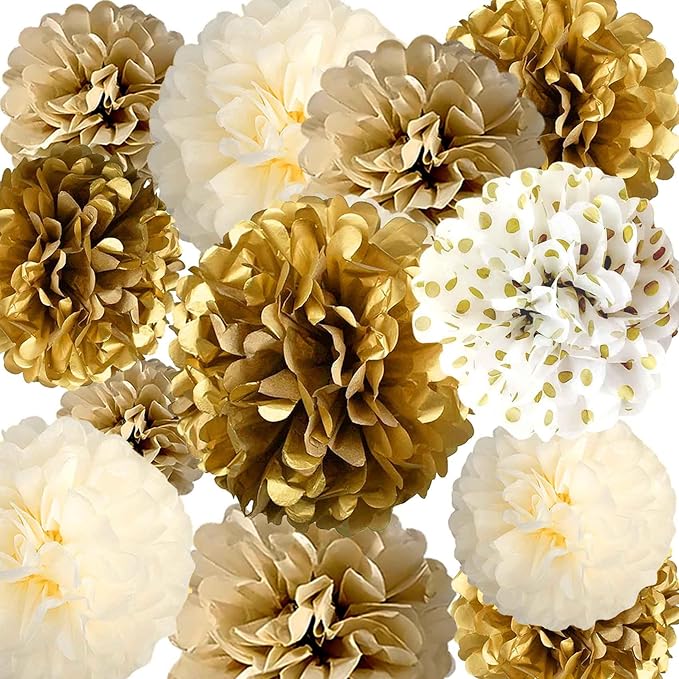 12-Piece Set of Gold and White Hanging Tissue Paper Pom Poms for Engagement, Wedding, Birthday, Bachelorette, and Bridal Shower Decorations