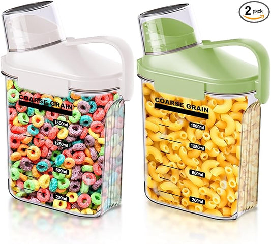 2 Pack Cereal Containers Storage Airtight, Dry Food Storage Containers for Kitchen Pantry Organization, BPA Free Plastic Rice Storage Dispenser Bin with Pouring Spout, White + Green, 1.5L/51oz