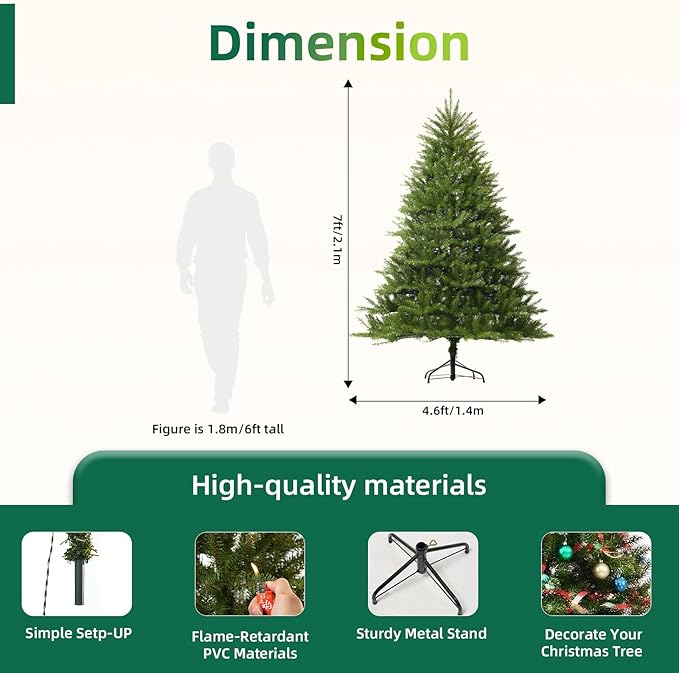 7FT Unlit Christmas Tree Green, Dunhill Fir Artificial Tree with 2144 PVC Branch Tips, Realistic Full Shape, Foldable Metal Stand for Indoor Home, Office & Holiday Decoration