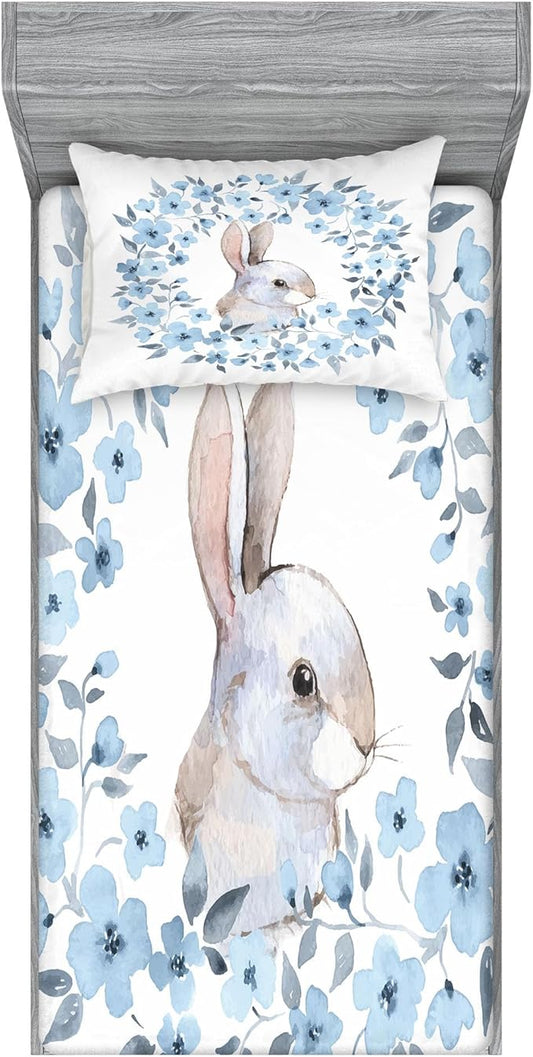 Ambesonne Watercolor Flower Fitted Sheet & Pillow Sham Set, Bunny Rabbit Portrait in Floral Wreath Illustration Country Style, Decorative Printed 2 Piece Bedding Decor Set, Twinxl, Blue White