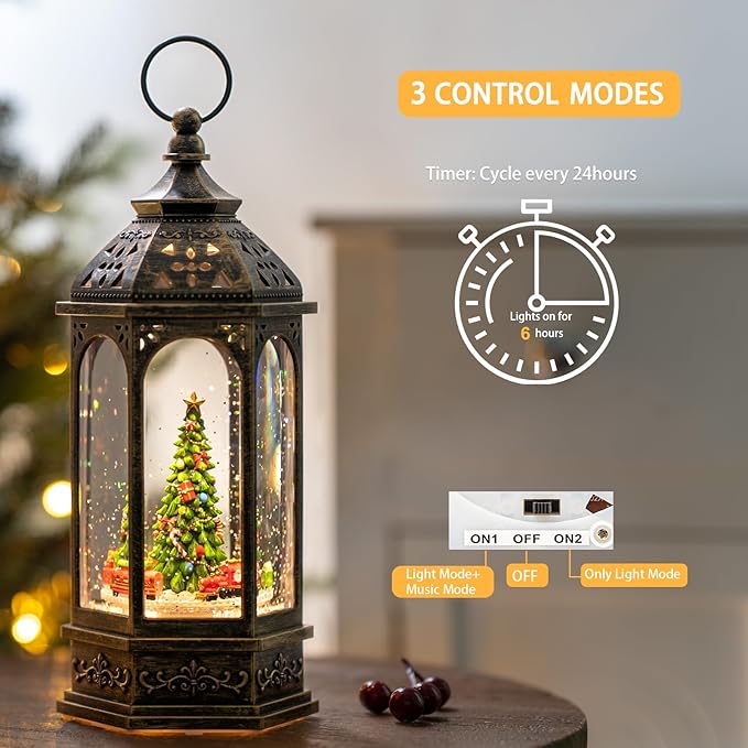 12.8'' Christmas Snow Globe, Santa Train Will Rotate Around The Christmas Tree with Musics Swirling Glitter Water Lantern Decoration for Home, Battery Operated or USB Powered