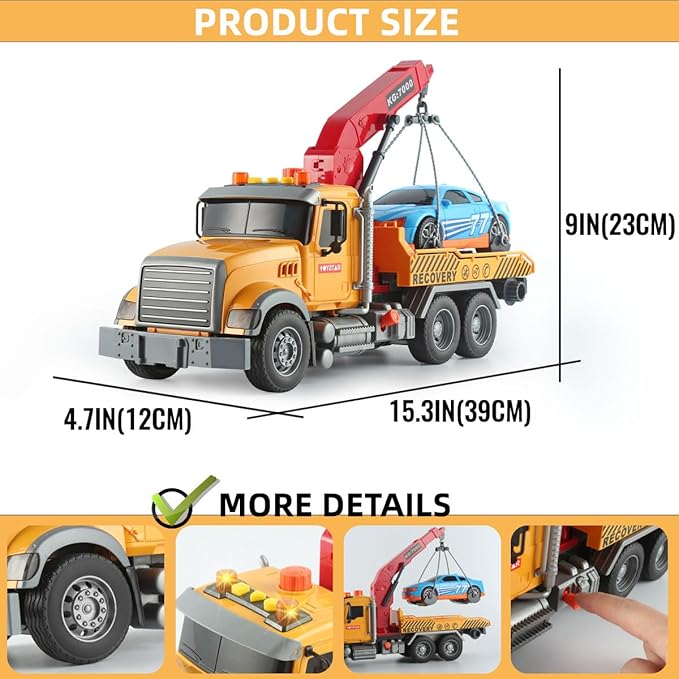 Toy Tow Truck with Crane and Car – Recovery Truck Toy for Kids Age 3 4 5 6, Construction Playset with Lights and Sounds,Birthday Gifts for Boys