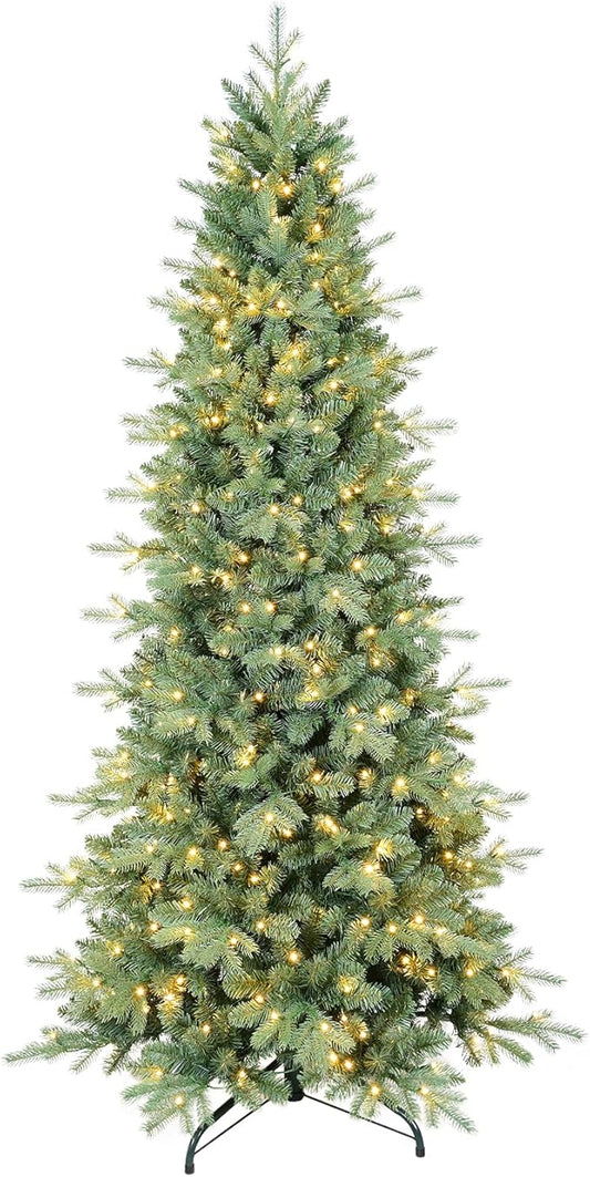 9 FT Prelit Artificial Skinny Christmas Tree,Blue Spruce Slim Pencil Xmas Tree with 2470 PE&PVC Mixed Branch Tips,650 UL Listed Clear Lights,Hinged Pine Tree with Metal Stand for Home Office Décor