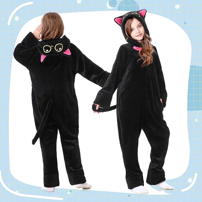 Resiwai Cat Costume for Girls and Boys, Animal Onesie Costumes with Bag and Cat Paws, Halloween Kitty Costume for Kids