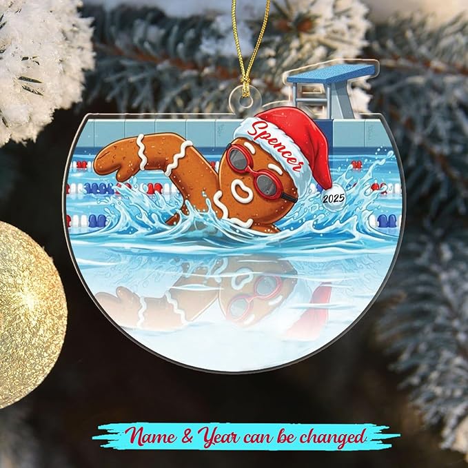 Personalized Swimming Shaped Xmas Ornament 2025, Unique Gingerbread Swimmer Keepsake Ornament Gift for Kids Daughter Son Dad Mom, Customized Year & Name Swimming Pool Lover Christmas Ornaments Decor