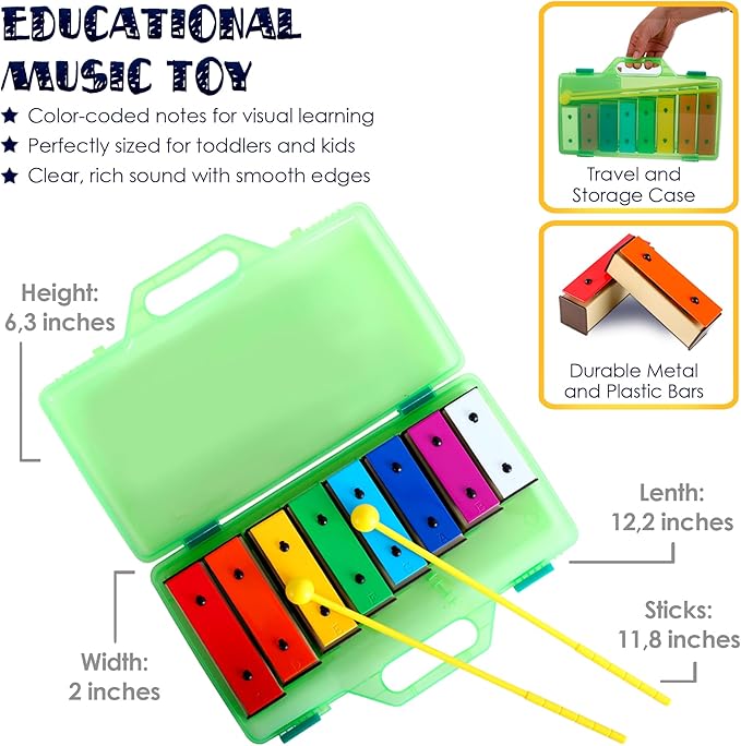 MINIARTIS Glockenspiel Xylophone | Educational Music Toys for Toddlers | 8 Notes Colorful Resonator Bells for Kids with 15 Songbook & Green Case | Great Birthday Gift for Children
