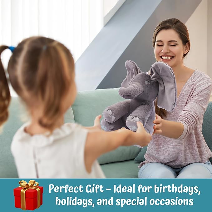 Dimple Emery Peek‑a‑Boo Elephant Plush Toy – Animated Grey Singing Stuffed Elephant for Babies & Kids with Interactive Music & Volume Control Perfect for Toddlers Ages 0 and up