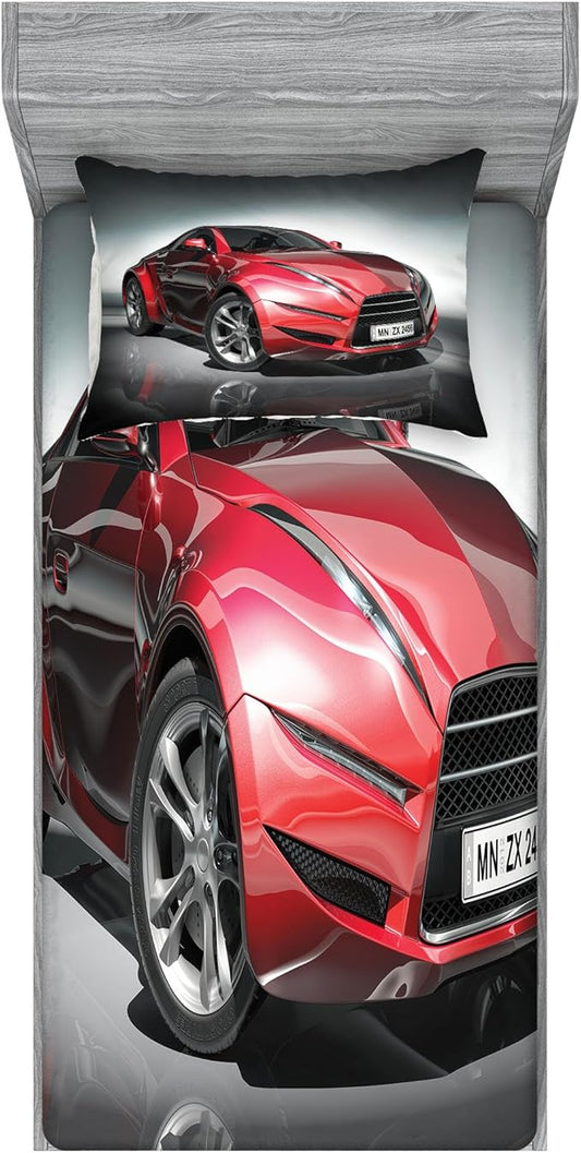 Ambesonne Cars Fitted Sheet & Pillow Sham Set, Modern Era Sports Car Designed for Spirited Performance and Fast Speed Racing Print, Decorative Printed 2 Piece Bedding Decor Set, Twin, Grey Red