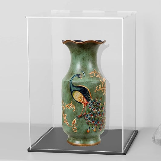 Acrylic Box with Matte Black Base, Simple Self-Assembly Clear Acrylic Display Case, Tall Dustproof Showcase with Lid for Collectibles, Toys and Trophy (8x8x12 inch)