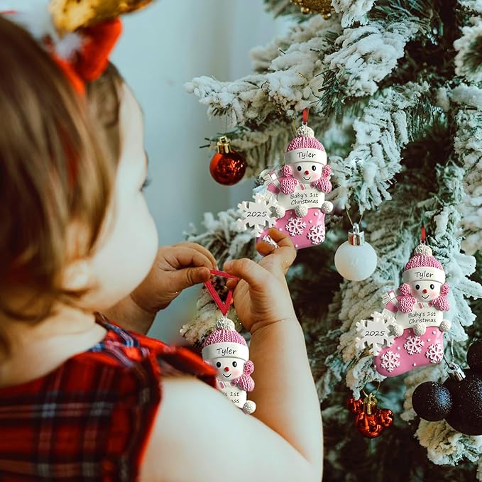 Personalized Ornament Baby's First Christmas 2025 Customized Snowman Ornaments with Name Xmas Tree Decoration Gifts for New Born Baby Girl (Pink)
