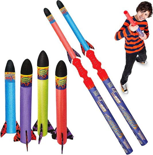 Geospace Hand Held Jr. Pump Rocket Combo Battle Pack – Flying Foam Rockets Outdoor Toys for Kids, Boys & Girls – 30" Set with 2 Launchers & 6 Rockets Set – Hand Stomper Rocket Toy - Cool Toys for Fun