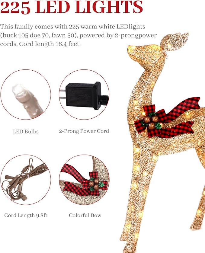 3-Piece Large Lighted Christmas Deer Family Set, 3D Reindeer Christmas Indoor and Outdoor Decoration with 225 Warm White LED Lights, Ground Pegs, Cable Ties. Suitable for Patio Garden Party-Champagne