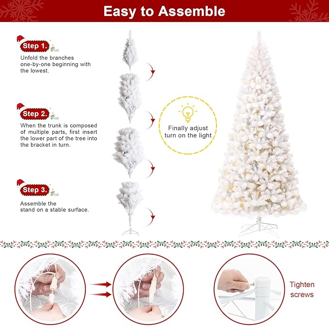Glitzhome 10ft Pre-Lit Slim Artificial Christmas Tree, Aspen Frostfall Pine Hinged Holiday Xmas Tree with Foldable Metal Stand, 800 Warm White Lights, Ideal for Home, Office, Party Decoration