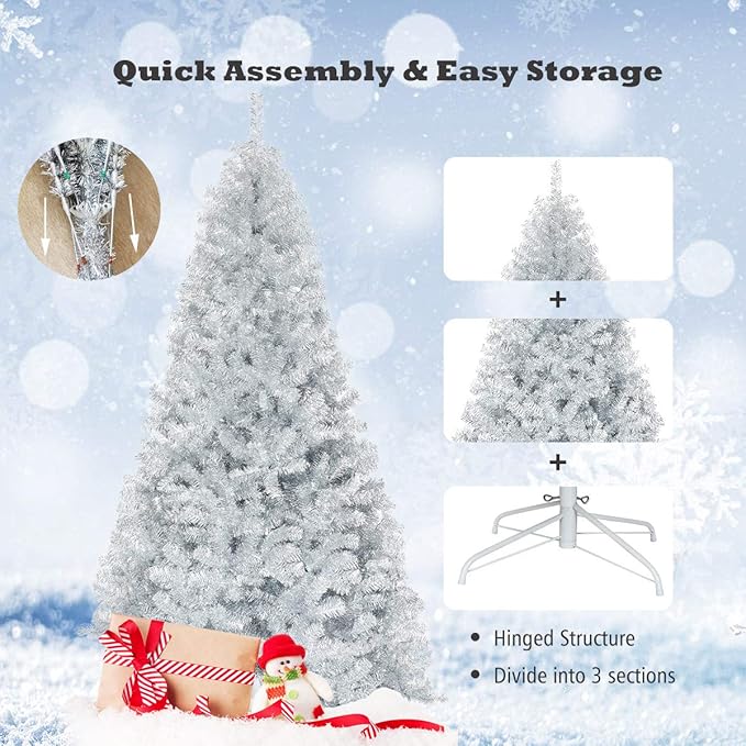 GOFLAME 7.5 FT Artificial Christmas Tree Hinged with 1258 Branch Tips, Silver Tinsel Christmas Tree with Metal Stand, Electroplated Technology for Indoor and Outdoor Holiday Decoration