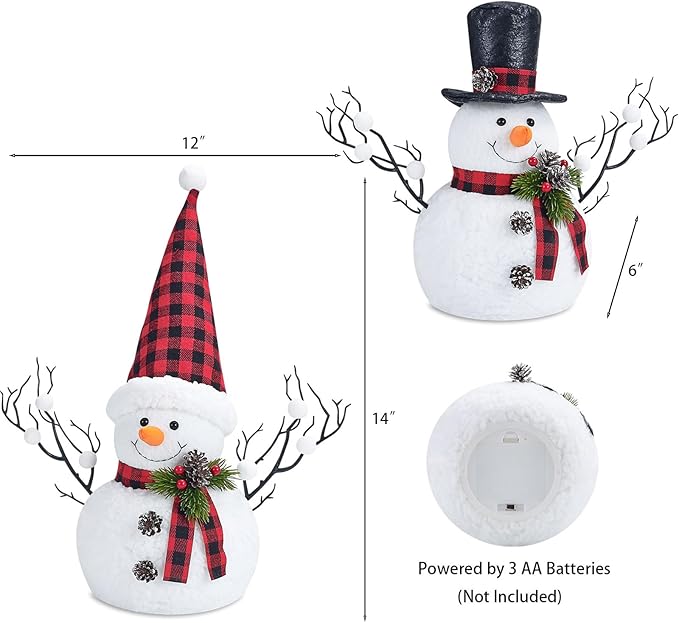 2 Pack Christmas Table Decorations, 14" Lighted Plush Snowmen Christmas Trees with Pine Cone Twigs, Light Up Snowman Holiday Present, Battery Operated Xmas Gifts Tabletop Ornaments (Black and Red)