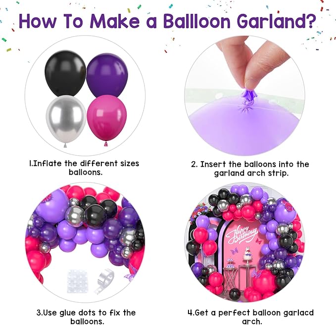 Paready Hot Pink and Purple Balloon Arch Kit, 125Pcs Purple Black Balloon Garland Kit Dark Purple Metallic Silver Party Balloons Purple Hot Pink Balloons for Kids Birthday Party Baby Shower Wedding