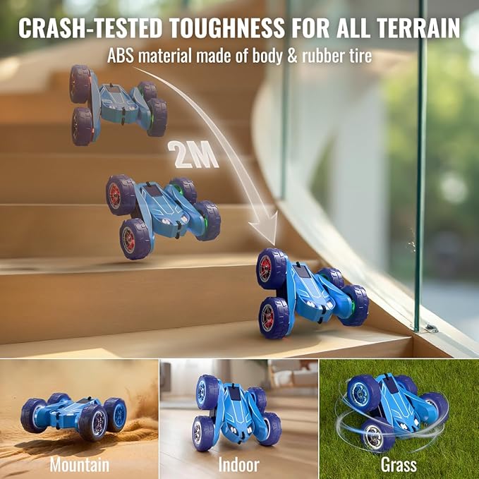 MaxTronic Remote Control Car, Rechargeable RC Cars & Remote Controller - 20km/h Double Sided 360° Rotation Stunt Stunt Crawler with LED Lights for Boys Girls Aged 3-13