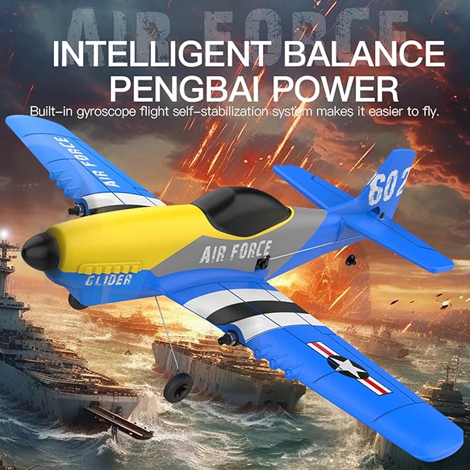 Rc Plane 3 Channel Airplane,P51D Mustang Fighter with 2 Batteries,Built-in Gyro Self-Stabilizing System Easy to Fly Rc Airplane,Rc Glider for Kids Adults Beginners