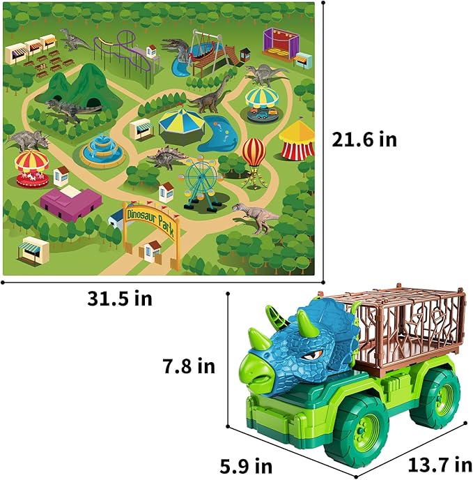 TEMI Dinosaur Truck Toy for Kids 3-5 Years, Triceratops Transport Car Carrier with 8 Dino Figures, Activity Play Mat, Dino Eggs and Trees, Capture Jurassic Dinosaurs Play Set for Boys and Girls