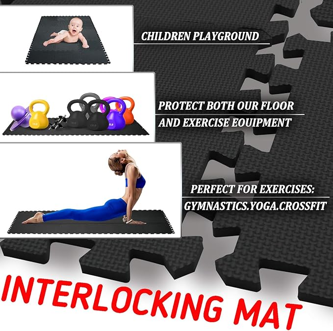 meiqicool Foam Play Mat Thick Soft EVA Interlocking Foam Floor Mats Children Yoga Exercise Multi Jigsaw Puzzle Blocking Board Kids Playmats Play Black 18 Piece D