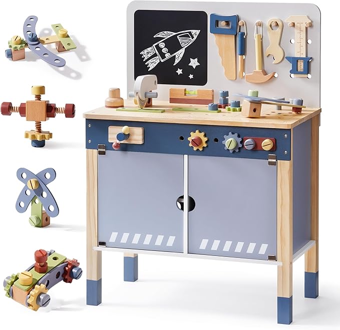 ROBOTIME Kids Tool Bench, Wooden Tool Workbench for Toddler, Tool Bench with Play Tools Set and Large Storage Space, Toy Workbench Workshop for Boys and Girls, Gift for Ages 3+