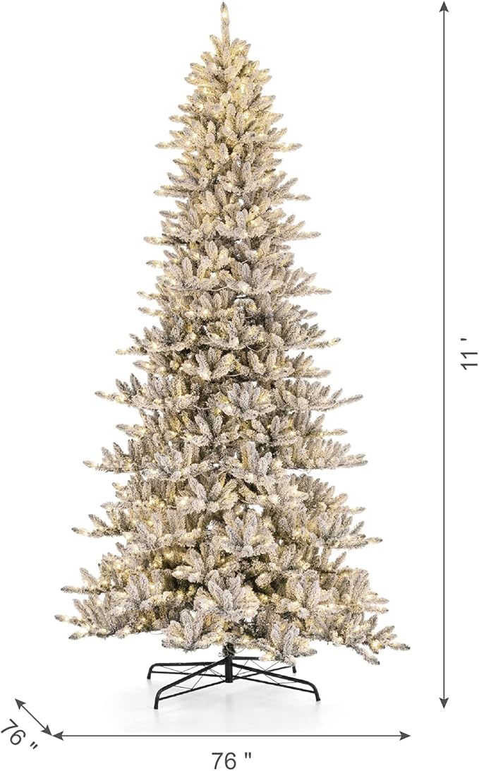 Glitzhome 11ft Pre-Lit Flocked Artificial Christmas Tree Slim Fir Tree Lighted Hinged Holiday Xmas Tree with 950 Lights Foldable Base for Home Office Party Decoration