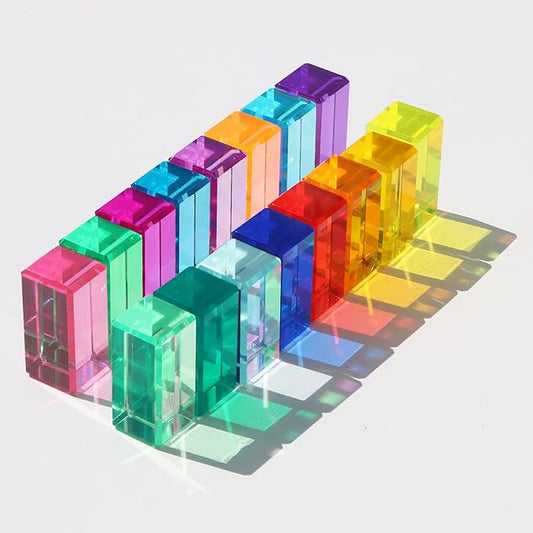 Rainbow Crystal Acrylic Strip Blocks Rectangle Stacking Gem Cubes for Kids - 16 Colors Educational Sensory Light Learning Toys (16PCS)