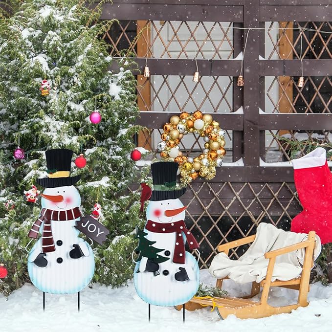 hogardeck Outdoor Christmas Decorations for Home, 2 Pcs Metal Snowman Decorative Garden Stakes with Joy for Christmas Decor, Yard Signs for Garden Home Lawn Patio