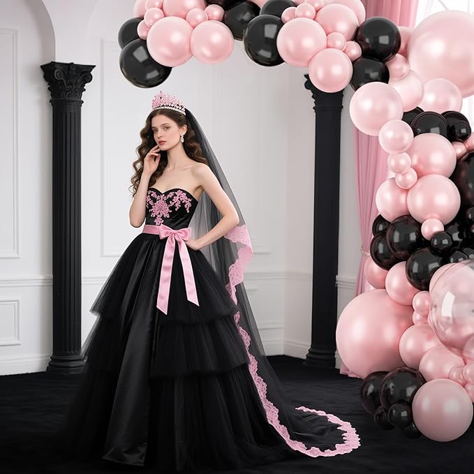 Pearl Pink and Black Balloon Arch Kit, Double Stuffed Pink Black Balloons Garland 18/12/10/5 Inch Pearl Balloons for Baby Shower Birthday Wedding Bridal Shower Party Decor