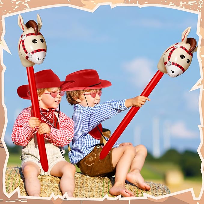 Xtinmee 48 Pcs Kids Cowboy Party Favor with Cowboy Hats Inflatable Stick Horses Bandanas Heart Glasses for Kid Costume(Red)