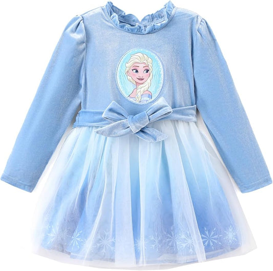 Disney Frozen Elsa Princess Cinderella Ariel Jasmine Rapunzel Baby/Toddler Dress, Ruffle Long-Sleeve Mesh Overlay Tulle Dress