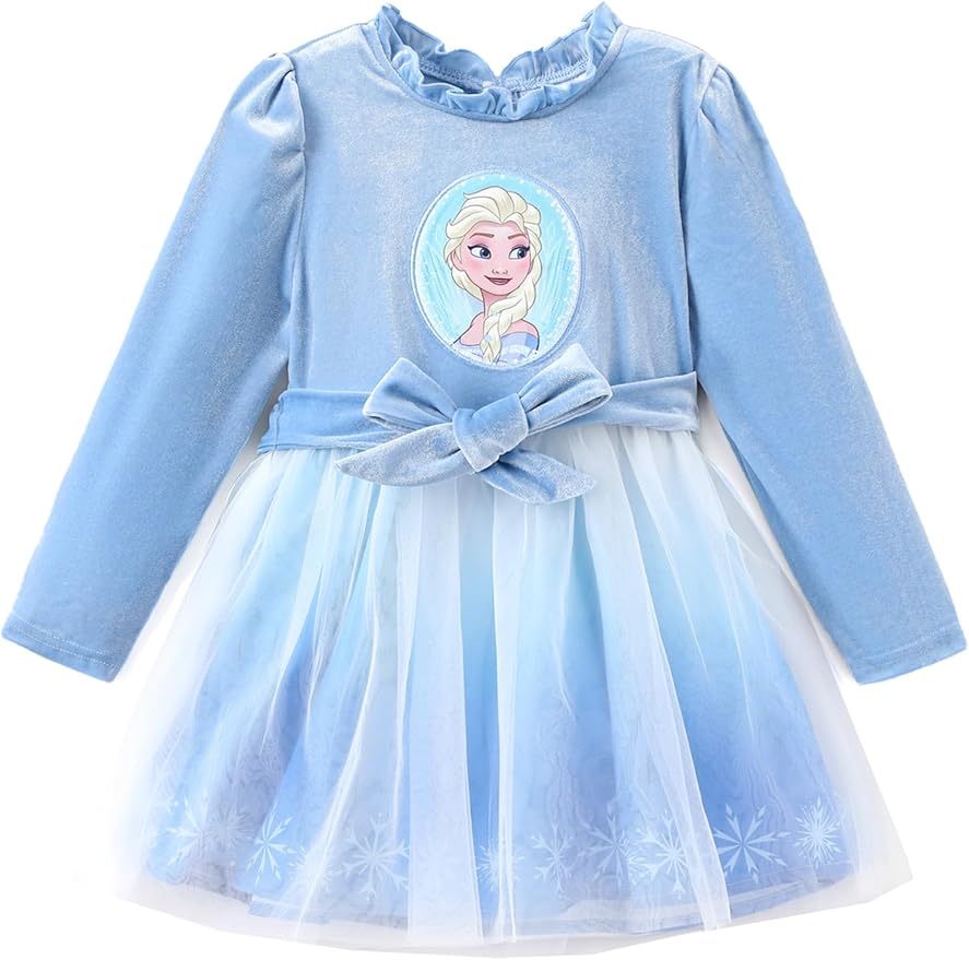 Disney Frozen Elsa Princess Cinderella Ariel Jasmine Rapunzel Baby/Toddler Dress, Ruffle Long-Sleeve Mesh Overlay Tulle Dress