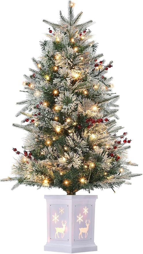 3FT Prelit Artificial Christmas Tree with Lights, 3 Foot Artificial Christmas Tree with Snowflake Base, 78 LED Prelit Christmas Tree, Battery Operated, Timer, Easy Assembly, Winter Holiday Decor
