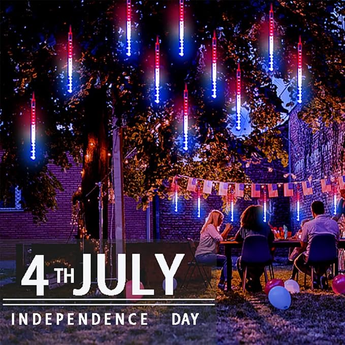 4th of July Decorations Outdoor, 12 Inch Red White and Blue Meteor Shower Lights for Independence/National/Memorial Day, LED Christmas Lights Outdoor for Yard Garden Tree Holiday Party