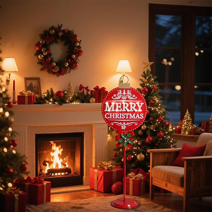 Merry Christmas Sign with LED Light Battery Operated with Timer Christmas Signs with Base Xmas Holiday Decorations Patio Lawn Yard Outdoor Display Decor Round