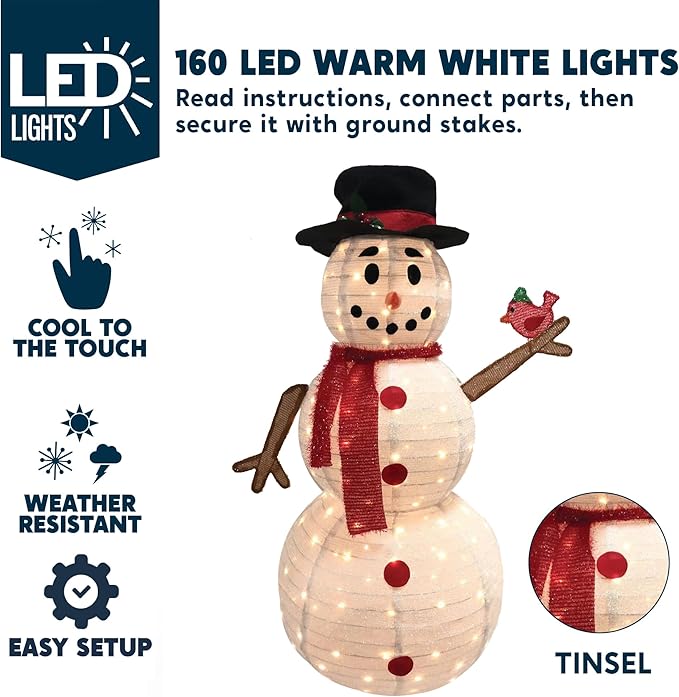 Joiedomi Snowman Christmas Decoration Outdoor, 160 LED Lighted Christmas Holiday Decorations, Collapsible Snowman Yard Lights Backyard Garden Lawn Xmas Decor, Snowman with Bird