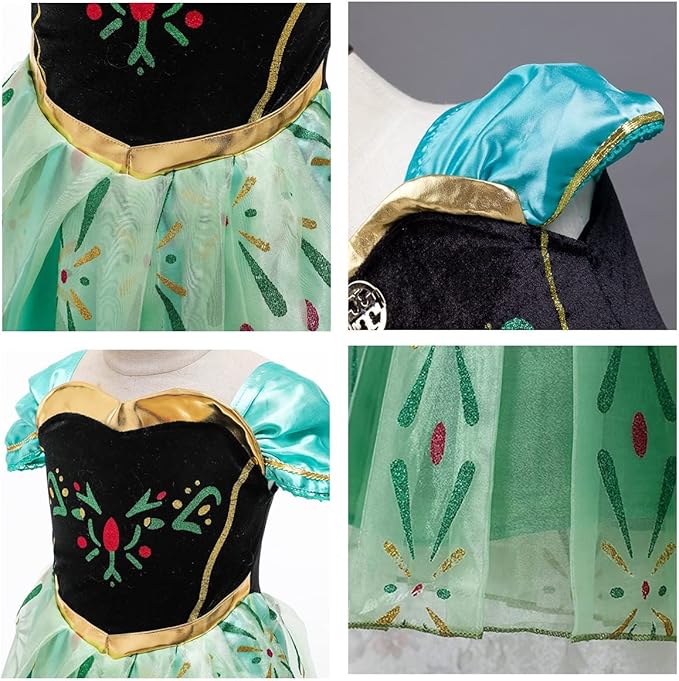 REXREII Girls Anna Princess Costume Frozen Elsa Snow Queen Dress Halloween Cosplay Xmas Birthday Party Gown (w/Accessories)