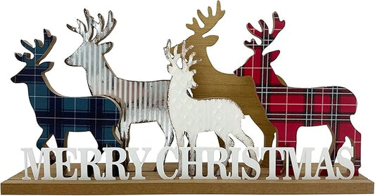 Christmas Decorations for Home Elk Merry Christmas Sign Wooden Decorative Block Rustic Farmhouse Tabletop Xmas Party Holiday Décor for Living Room, Dining Table, Mantel, Tiered Tray, Gift