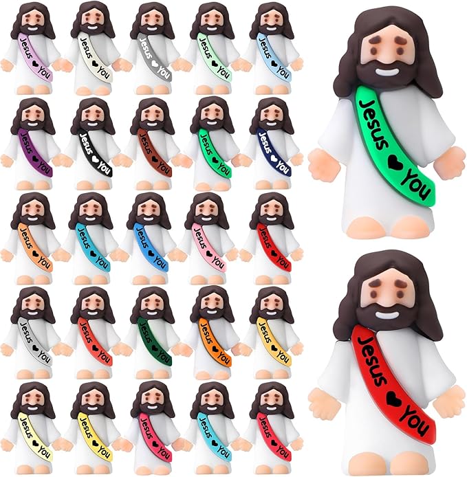 Bememo 25 Pcs Little Jesus Figures Original Design Jesus Love You Mini Rubber Toys to Hide and Seek Religious Party Favors Sunday School Baptism Gifts(Colorful)