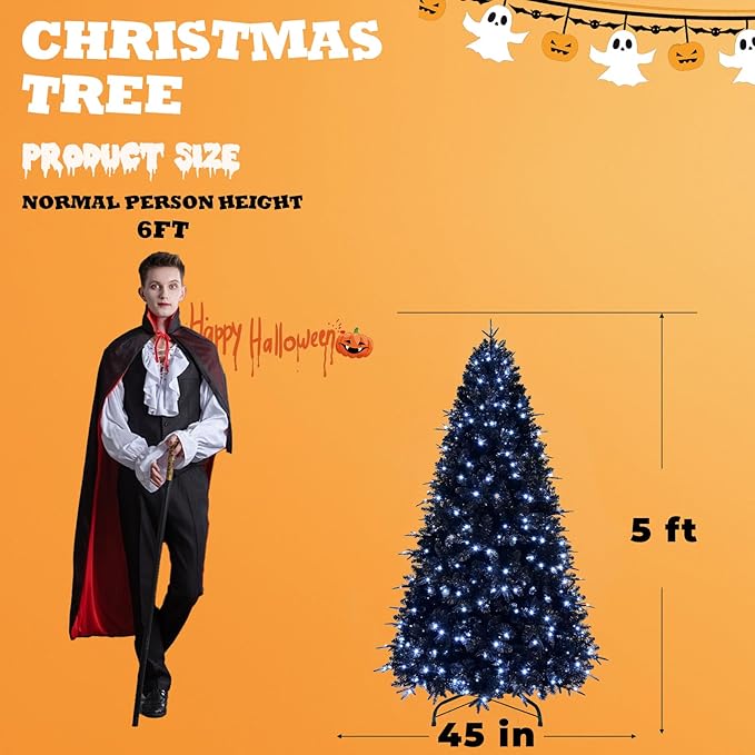 5ft Prelit Black Christmas Tree with 250 Lights, Artificial Fake Christmas Tree with 1076 PE&PVC Branch Tips, Halloween and Xmas Tree for Holiday Decorations, Metal Stand and Hinged Branches