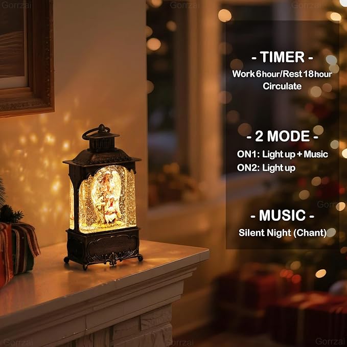 Nativity Snow Globe Angel Christmas Snow Globe Lantern, Lighted Musical Christmas Decorations Indoor for Home with Music 6H Timer Swirling Glitter, Jesus, USB or Battery Operated